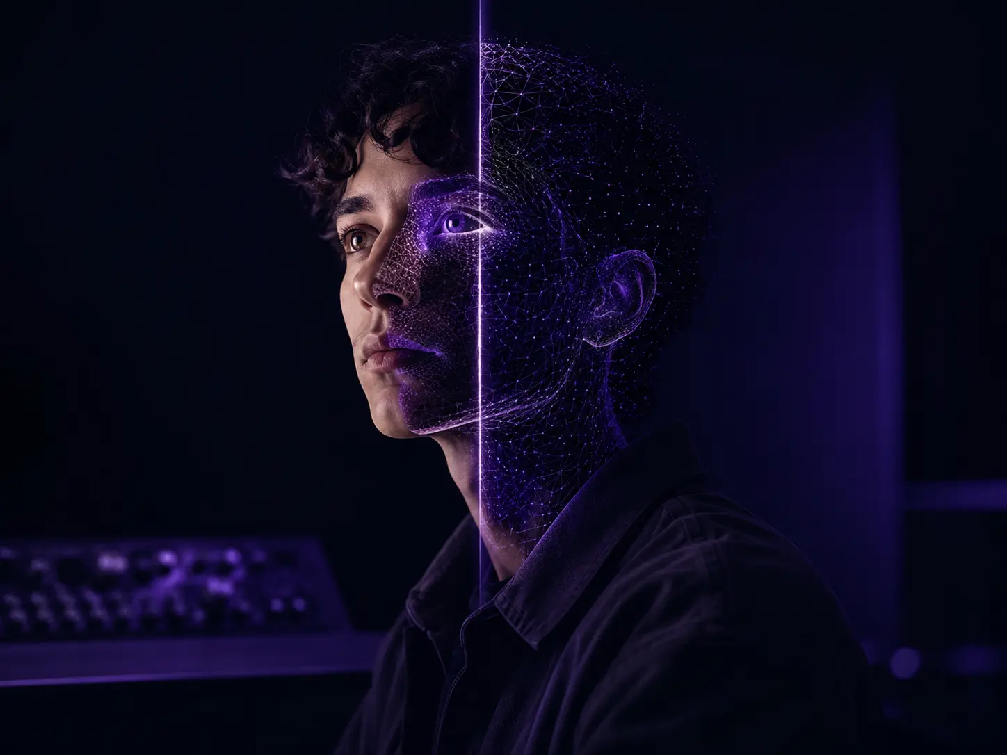 A face mid-transformation, half filmed and half rebuilt as geometry